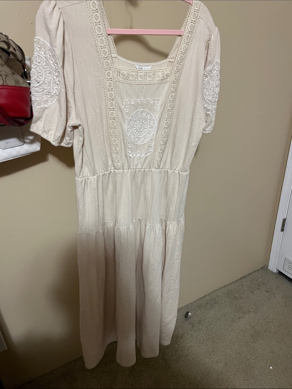 Cato Cream Embroidered Square-Neck Midi Dress